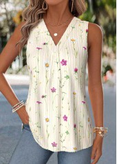 Floral Print Curved Hem Beige Sleeveless Tank Top