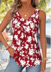 Floral Print Patchwork Red Sleeveless V Neck Tank Top