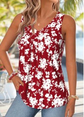 Floral Print Patchwork Red Sleeveless V Neck Tank Top