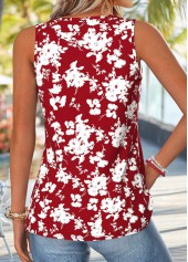 Floral Print Patchwork Red Sleeveless V Neck Tank Top
