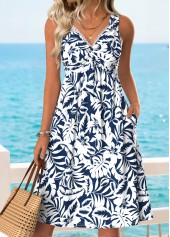 Floral Print Shirred Dark Blue Sleeveless V Neck Dress
