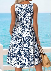 Floral Print Shirred Dark Blue Sleeveless V Neck Dress