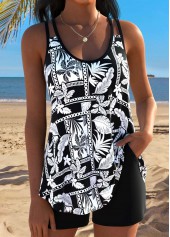 Mid Waisted Tropical Plants Print Curved Hem Tankini Set