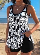 Mid Waisted Tropical Plants Print Curved Hem Tankini Set