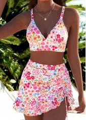 Mid Waisted Ditsy Floral Print Three-piece Pink Bikini Set