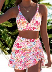 Mid Waisted Ditsy Floral Print Three-piece Pink Bikini Set