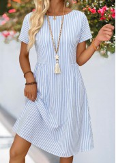 Striped Shirred Dusty Blue Short Sleeve Round Neck Dress