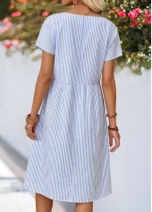 Striped Shirred Dusty Blue Short Sleeve Round Neck Dress