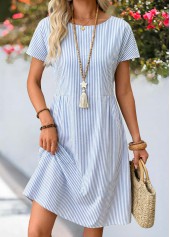 Striped Shirred Dusty Blue Short Sleeve Round Neck Dress