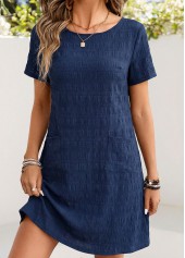 Patch Pocket Navy Short Sleeve Round Neck Dress