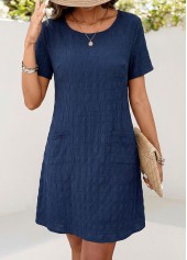 Patch Pocket Navy Short Sleeve Round Neck Dress
