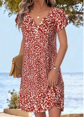 Ditsy Floral Print Tuck Stitch Red Short Dress