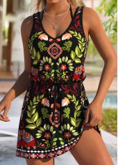 Leaf Print Tummy Coverage Black Cover Up