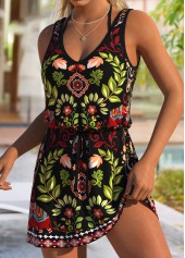 Leaf Print Tummy Coverage Black Cover Up