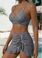 Mid Waisted Gingham Print Curved Hem Black Bikini Set