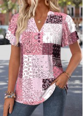 Tribal Print Curved Hem Pink Short Sleeve T Shirt