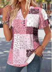Tribal Print Curved Hem Pink Short Sleeve T Shirt