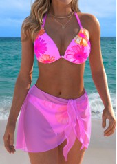 Low Waisted Floral Print Three-piece Pink Bikini Set