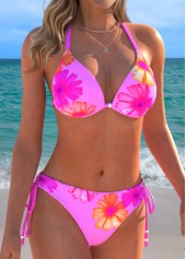Low Waisted Floral Print Three-piece Pink Bikini Set
