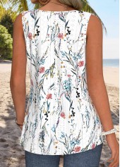 Floral Print Curved Hem White Sleeveless Tank Top