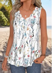 Floral Print Curved Hem White Sleeveless Tank Top