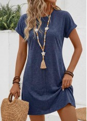 Tuck Stitch Navy Short Round Neck Dress