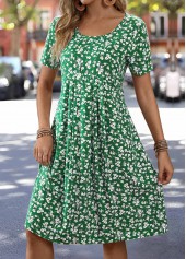 Floral Print Tummy Coverage Green Short Sleeve Dress