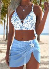 Mid Waisted Ditsy Floral Print Three-piece Blue Bikini Set