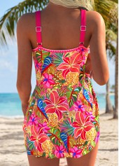 Tropical Plants Print Curved Hem Coral One Piece Swimdress