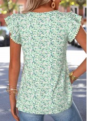 Ditsy Floral Print Tuck Stitch Light Green T Shirt