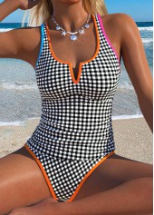 Mid Waisted Gingham Print Patchwork Black Tankini Set