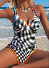 Mid Waisted Gingham Print Patchwork Black Tankini Set