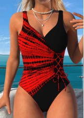 Tie Dye Print Pull On Red One Piece Swimwear