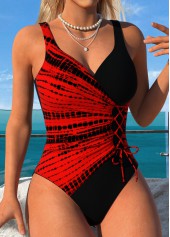 Tie Dye Print Pull On Red One Piece Swimwear
