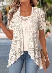 Two-piece Beige Short Sleeve Cardigan and Tank Top