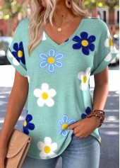 Floral Print Patch Pocket Green Short Sleeve T Shirt