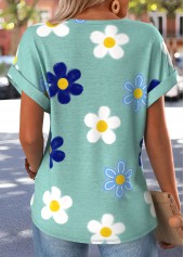 Floral Print Patch Pocket Green Short Sleeve T Shirt