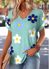 Floral Print Patch Pocket Green Short Sleeve T Shirt