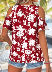 Floral Print Twist Wine Red Short Sleeve T Shirt