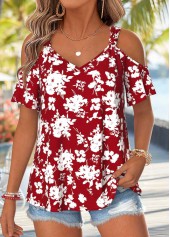 Floral Print Twist Wine Red Short Sleeve T Shirt