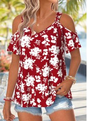 Floral Print Twist Wine Red Short Sleeve T Shirt