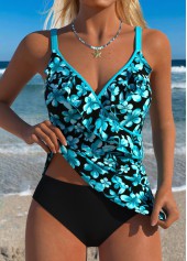 Floral Print Tummy Coverage Black Tankini Top-No Bottom