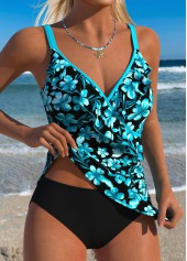 Floral Print Tummy Coverage Black Tankini Top-No Bottom