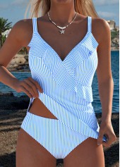 Mid Waisted Striped Two-piece Blue Tankini Set