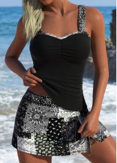 Mid Waisted Paisley Print Drawstring Black Tankini Set