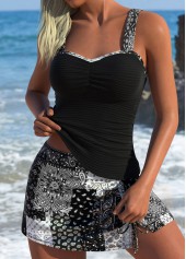 Mid Waisted Paisley Print Drawstring Black Tankini Set