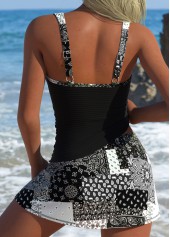 Mid Waisted Paisley Print Drawstring Black Tankini Set