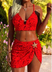 Mid Waisted Floral Print Three-piece Red Bikini Set