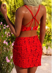 Mid Waisted Floral Print Three-piece Red Bikini Set