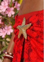 Mid Waisted Floral Print Three-piece Red Bikini Set